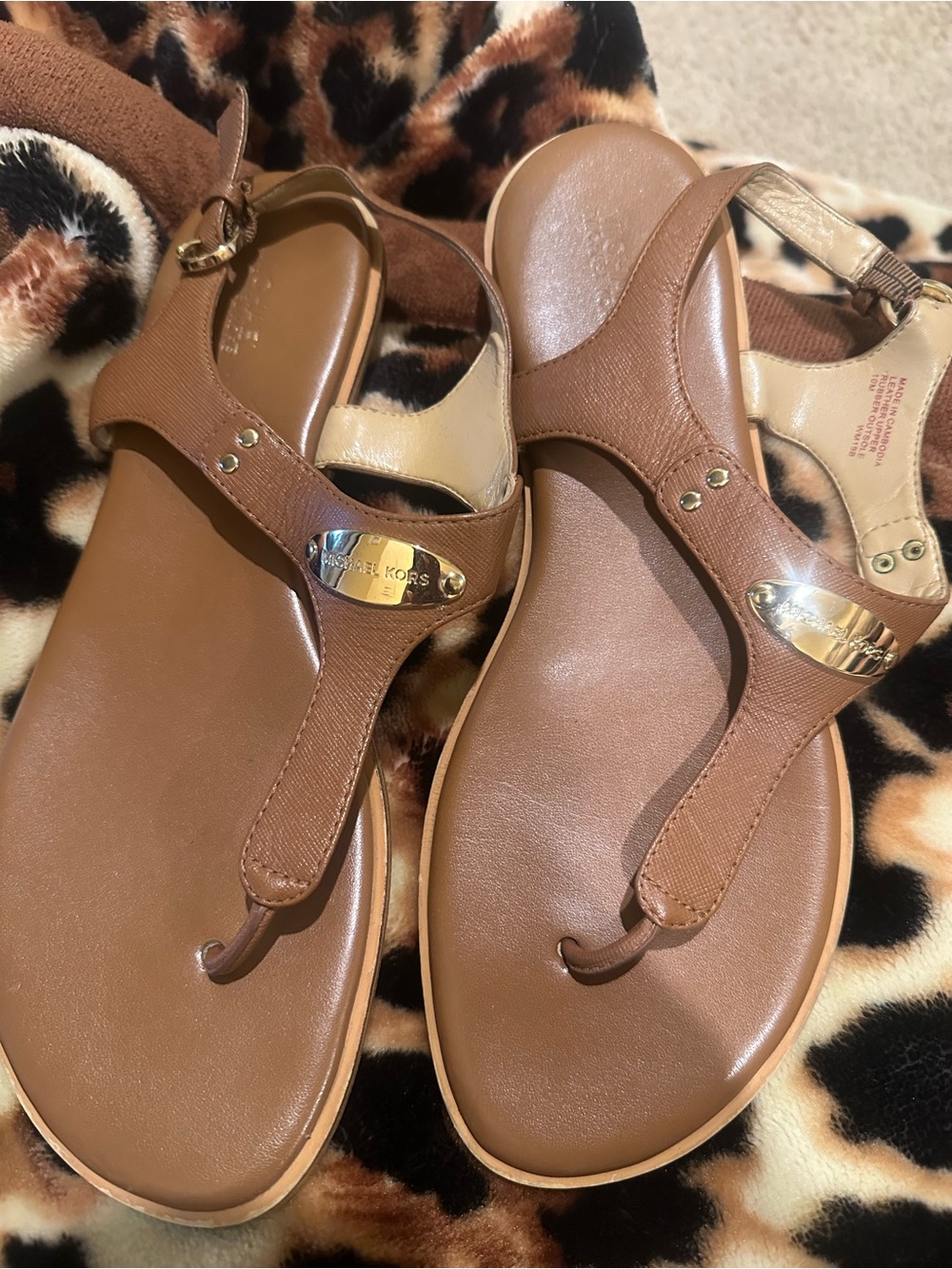 Michael Kors Tan/Brown Leather T-Strap Sandals with Gold Accents
